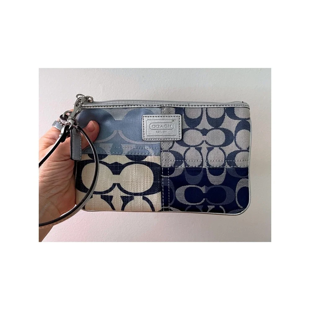 Coach Large Wristlet Blue Patchwork Signature C Denim Silver Trim F47682